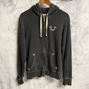 True Religion Hoodie Sweatshirt S 20x24.5 Black Full Zip Thrashed